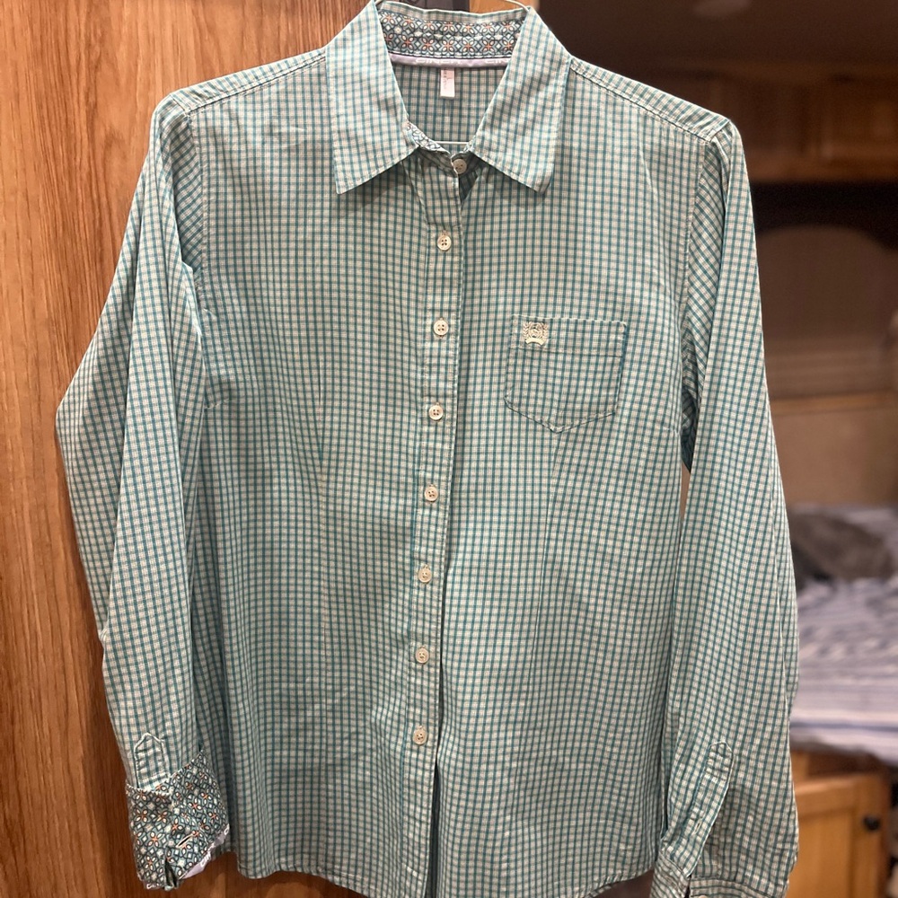 Cinch Green Button Down Shirt Classic Checkered Top